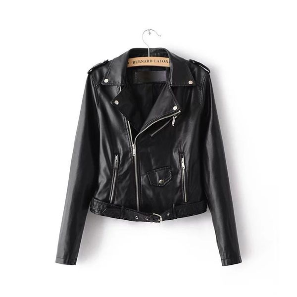 

fashion brand leather jackets women rivet zipper motorcycle faux soft leather coat female paragraph lapel pu jacket, Black