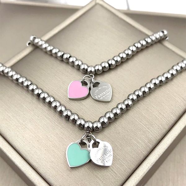 

Fashion brand charm women love double heart blue rubber and pink rubber bead bracelet steel bead heart-shaped drop rubber love bracelet