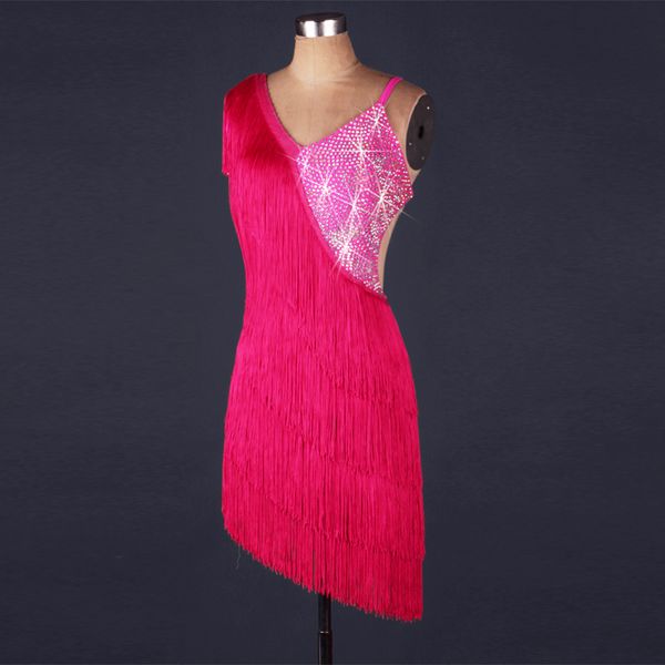 

stage wear latin rumba cha salsa tango dress competition pink white fringe tassel rhinestone l061, Black;red