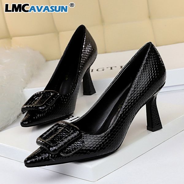 

lmcavasun women buckle snake print 7.5cm stiletto high heel dress pumps shoes pointed toe ladies female footwear 34-43, Black