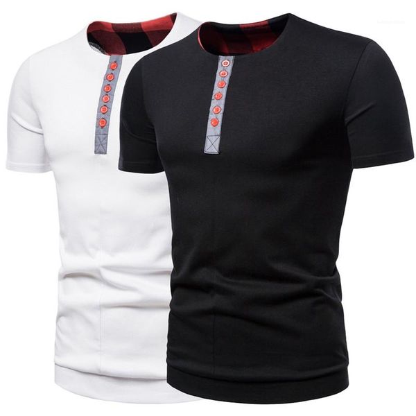 

mens tshirts fashion button patchwork tshirts short sleeve crew neck casual tees men clothes panelled color designer, White;black