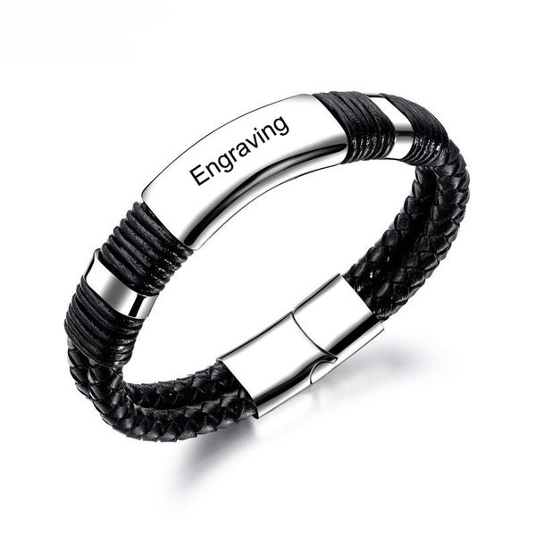 

personality custom engraved black stainless steel engrave name men's bracelet multi-layer woven leather bracelet, White
