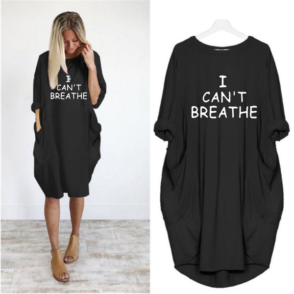 

women designer dresses letter printed i can't breathe trendy designer women luxury dress casual loose long sleeve fashion apparel, Black
