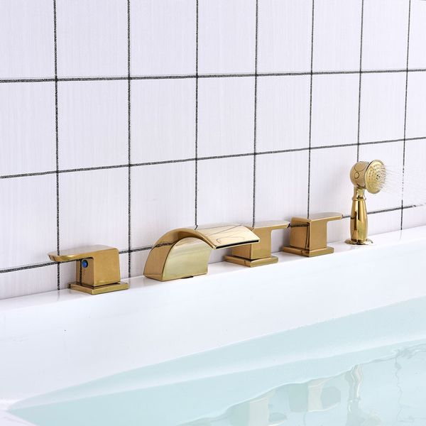 

bathroom shower faucet gold 5pcs deck mounted mixer tap with brass shower spray