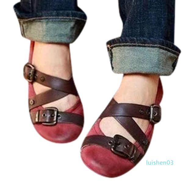 

women vintage flat bottom shoes mary janes sandals belt buckle round toe summer fashion 2019 new flat shoes big size 43 green l03, Black