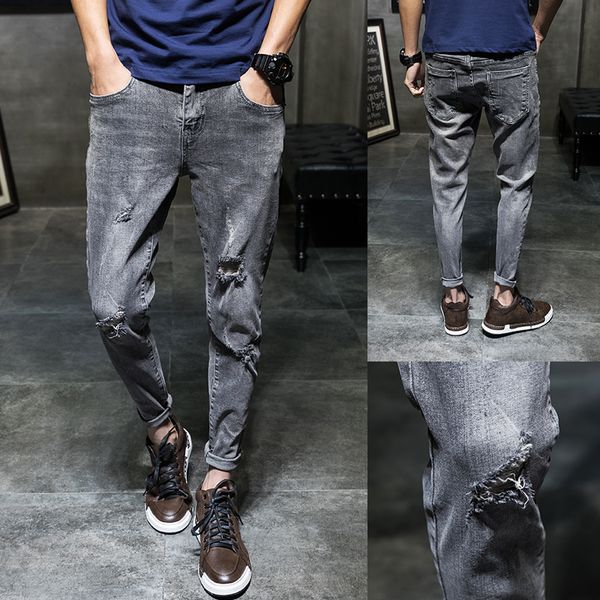 

2019 summer new gray slim hole jeans men's nine pants korean version of the tide personality feet 9 pants, Blue
