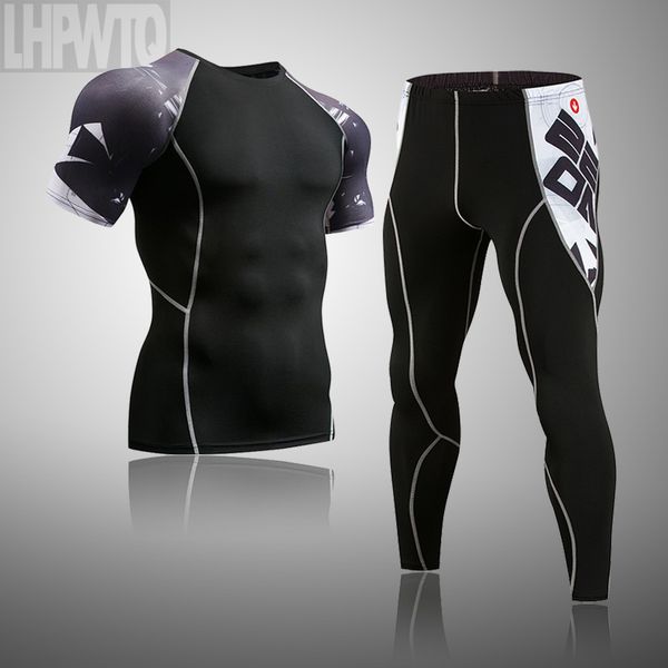 

2pcs / комплекты фитнес с коротким рукавом рубашки + брюки для мужчин run беговая тренировка compression набор экстремальный спортивный зал, Black;blue