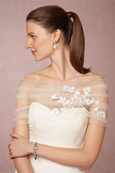 

bridal bolero jacket wraps new simple white ivory off shoulder lace appliques tulle illusion button back formal bridal wraps plus size