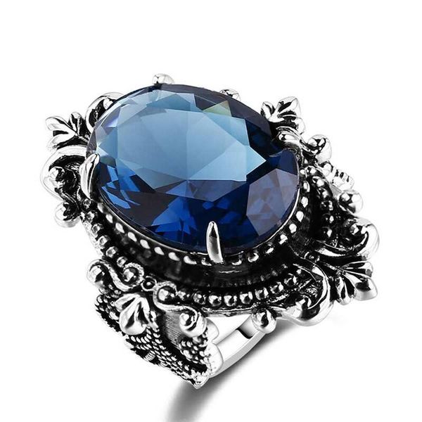 

new natural sea blue z ring european and american retro thai silver goose egg-shaped hand jewelry, Golden;silver