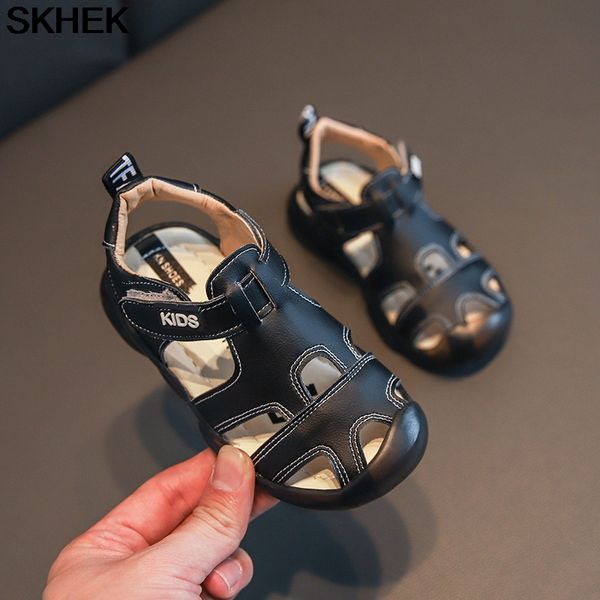 

skhek new boys sandals soft leather closed-toe toddler baby summer shoes boys and girls children beach shoes sport kids sandals, Black;red
