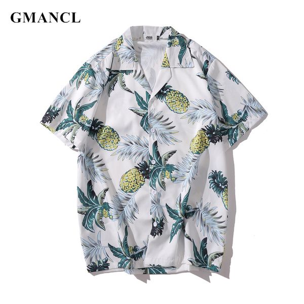 

summer thin breathable men hip hop pineapple printed loose short sleeve turn-down beach shirts hawaiian short sleeve shirt, White;black