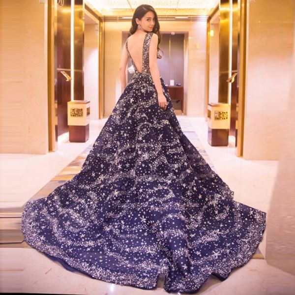 

royal blue evening dress angel starry sky sparkling hollow back dinner annual meeting birthday show prom dress sukienki dlugie, White;black