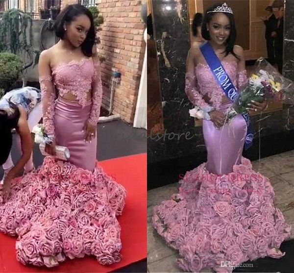 

beautiful two pieces mermaid prom dresses black girls slay off the shoulders lace long sleeves rose floral evening gowns plus size pageant