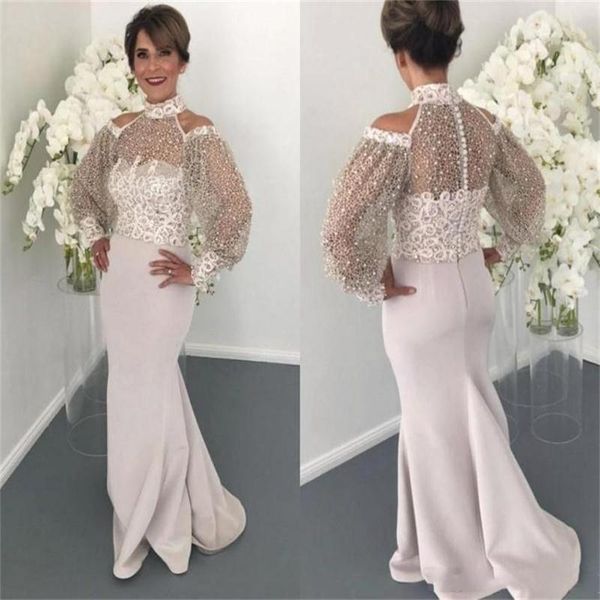 Modest Alta Pescoço Mãe Da Noiva Vestidos Com Apliques Contas de Renda Mangas Compridas Plus Size Prom Vestido De Cetim Sereia Vestidos de Noite