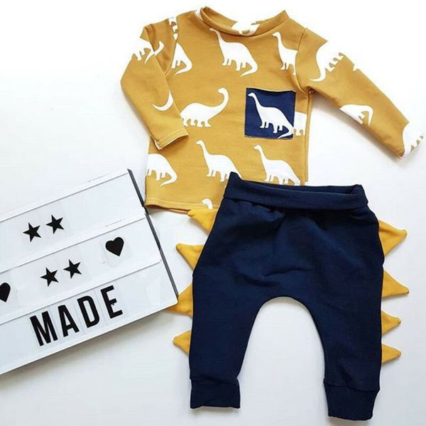 

boy clothing 0-3y newborn toddler kids dinosaur outfits long sleeve cotton t-shirt harem pant trouser 2pcs boys clothes set, White