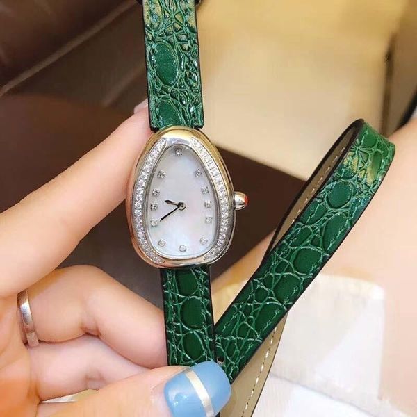 

28mm fashion elegant womens watches oval dial double wrap green leather band diamond bezel ladies watch quartz movement wristwatches, Slivery;brown
