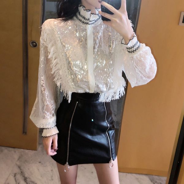 

new luxury women crystal sequins blouse lace black white shirts blusas camisa party clubs hollow elegant shirts blusa