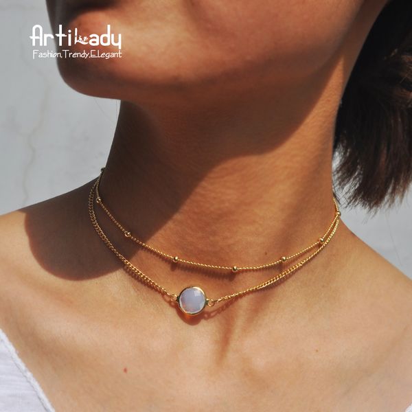 

crystal 2 layer choker necklace gold color chain opal stone pendant necklace for women jewelry christmas gift, Golden;silver