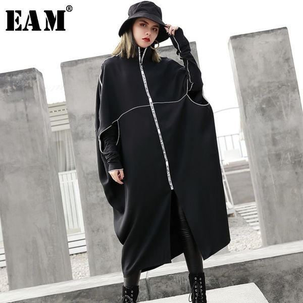 

eam] women black batwing sleeve letter print big size dress new stand collar loose fit fashion tide spring autumn 2020 je733, Black;gray