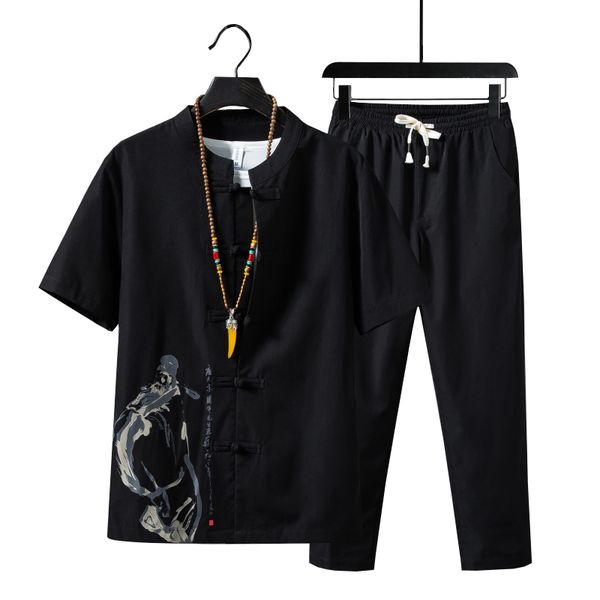 

men's tracksuits 5xl summer cotton linen short-sleeved men shirt and drawstring strap ankle length pants chinese style two-piece set xx, Gray