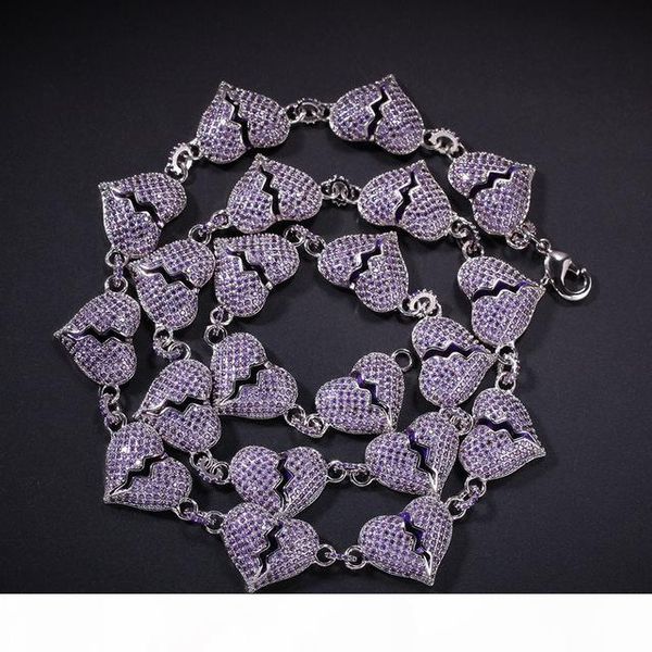 

new iced out purple zircon heart broken chain necklace for men women hip hop jewelry gift, Silver