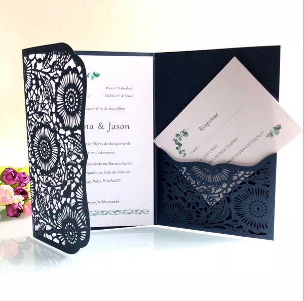 

Horizontal Laser Cut Wedding Invitations Cards with RSVP Cards White Navy Blue Pearl Paper Invite Cardstock for Birthday Party Supply