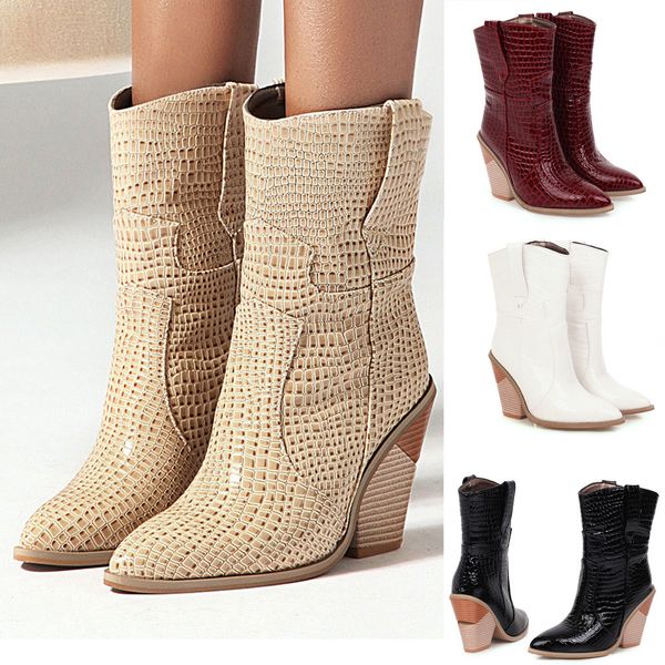 

2020 autumn winter new fashion womens leather non-slip wedges shoes pointed toe cowboy booties women thick heel shoes boot #o19, Black