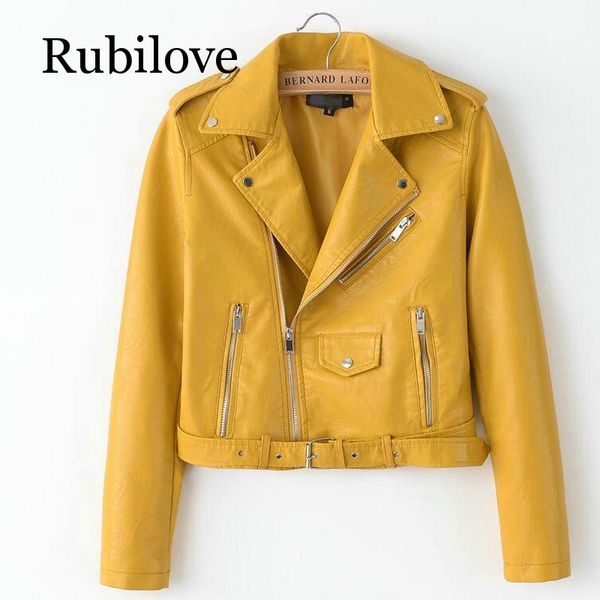

rubilove 2019 spring bright yellow women pu leather jackets zipper leather coat turn-down collar female pu jackets black, Black;brown