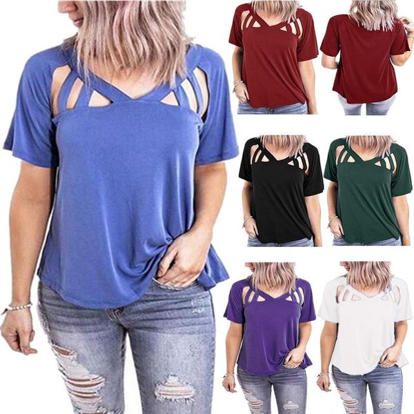 

tshirts женщины solid color сыпучие v образным вырезом с коротким рукавом пуловер tshirts повседневная мода женщины тис выдалбливают designe, White