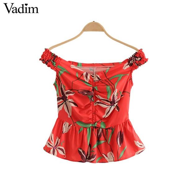 

vadim женщины старинная цветочная плиссированная блузка секси плечо слэш шея рубашка ретро дамы летом случайные вершины blusas wa084, White