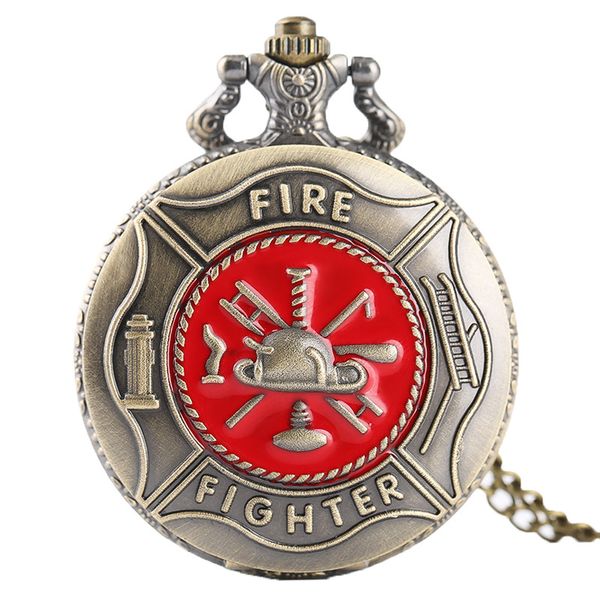 

full bronze cool children red fire fighter design quartz pocket watch new arrivals pendant gift for men female with chain, Slivery;golden