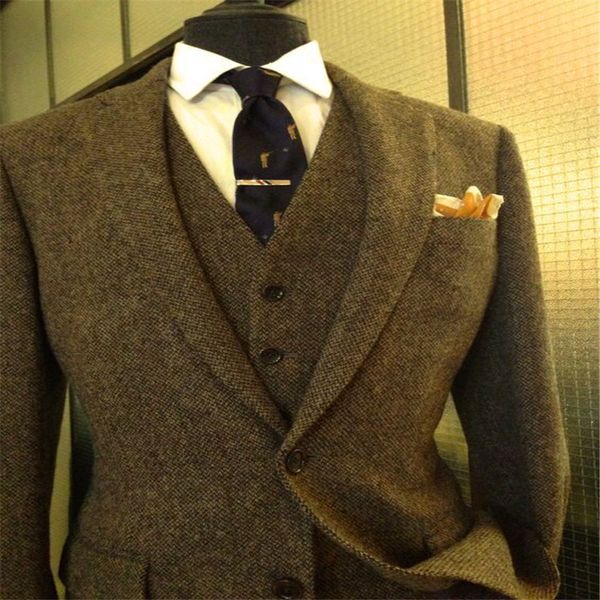 

2020 latest coat pant designs brown tweed prom men suit slim fit 3 piece tuxedo custom groom suits gentle blazer terno masculino, White;black