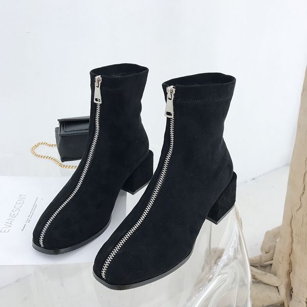 

boussac front zipper ankle boots for women vintage square toe med heel women's boots faux suede warm winter swe0558, Black
