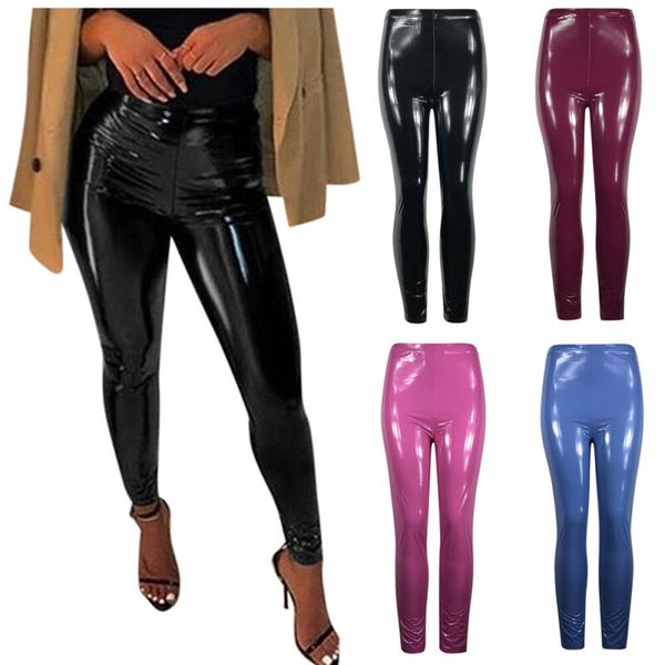 

женщины push up pu кожаные поножи высокой талией брюки wet look узкие брюки, Black