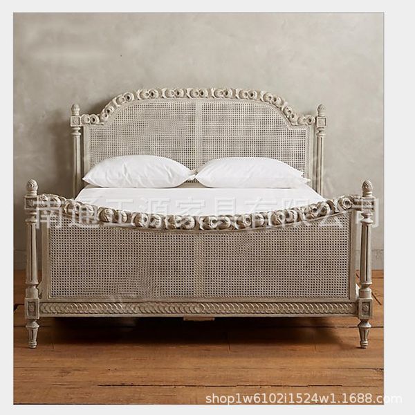 

foreign trade american-style wood carved rattan bed bedroom master bed french antique blue oak bed villa b & b furniture