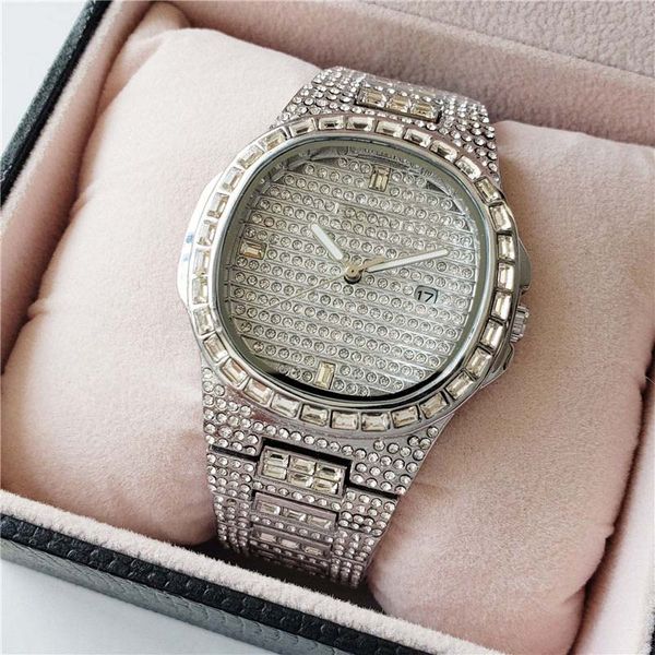 

бизнес мужские часы с бриллиантами женщина дизайнер роскошные часы спорт полный алмаз кварцевые наручные часы из нержавеющей стали montre de, Slivery;brown