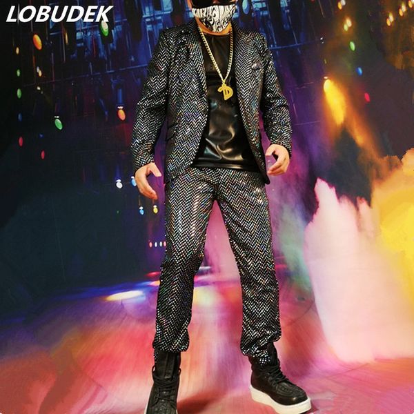 

male singer concert bar nightclub stage suits flashing silver black dot sequins blazers pants 2-pieces set performance outfit, White;black