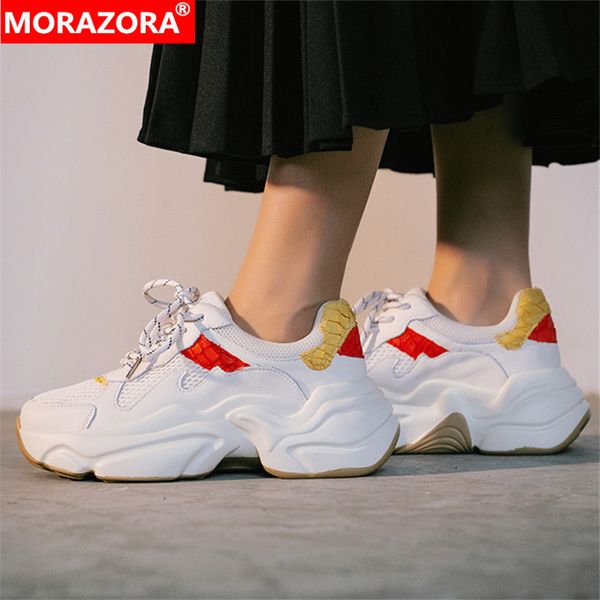 

morazora 2020 flat platform shoes women genuine leather lace up mixed colors spring autumn fashion casual sneakers woman, Black