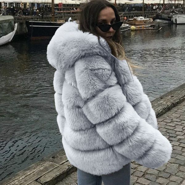 

amazon new winter warm clothes ladies faux fur oversize hoodie jacket quilted thicken overcoat fur coat for women, Black