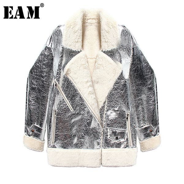 

eam] loose fit pu leather lambswool thickening big size jacket new lapel long sleeve women coat fashion autumn winter 2019 jk44, Black;brown