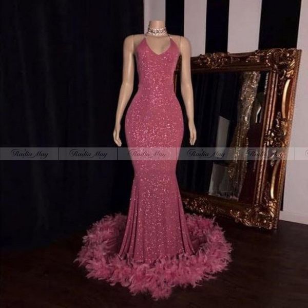 

real image fuchsia sequin feather prom dresses mermaid halter v neck backless evening dress long party gown for black girls 2020, White;black