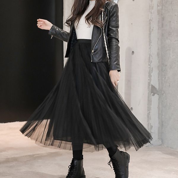 

2020 тюль юбки женская длинные maxi юбка женщины упругие высокой талией сетки пачка плиссированные юбки, Black