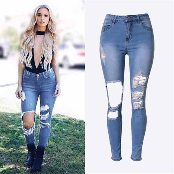 

женские высокой талией тонкий stretch персонализированные промытые дырки нерегулярное джинсовые штаны ноги большой размер street casual джин, Blue