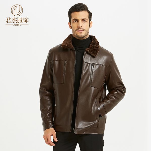 

2019 осень и зима кожаное пальто мужчины новый стиль fold-вниз воротник кожаной куртки среднего возраста плюс толстый хлопок пальто меховое, Black