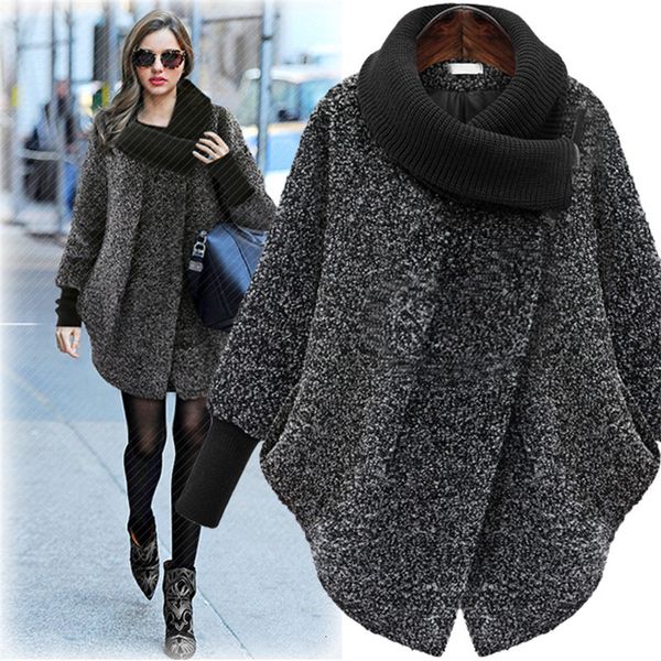 

large size women's woolen coat 2019 autumn winter wool coat knitted turtleneck thick cashmere cloak female jacket plus size 5xl y190926, Black