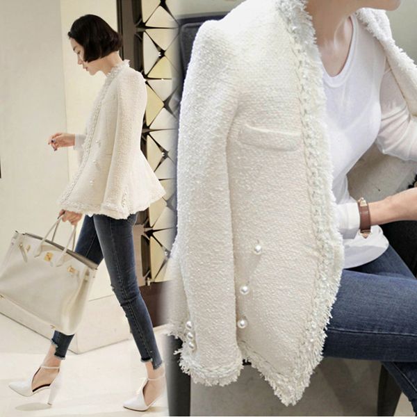 

2019 brand lady winter pearls tassels woolen jacket coat women vintage casaco femme warm tweed jacket elegant overcoat, Black;brown