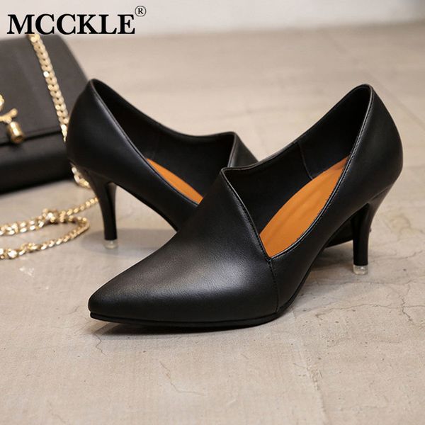 

mcckle women high heels shoes shallow pumps pointed toe ladies slip on classic dress shoes female fashion autumn footwear, Black