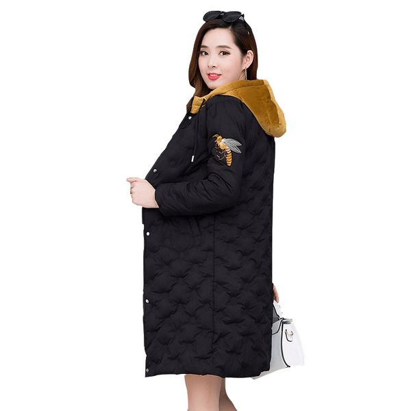 

warm women down coat jacket overcoat windproof winter thick outerwear hooded cap female solid korean style loose plus size robe, Black