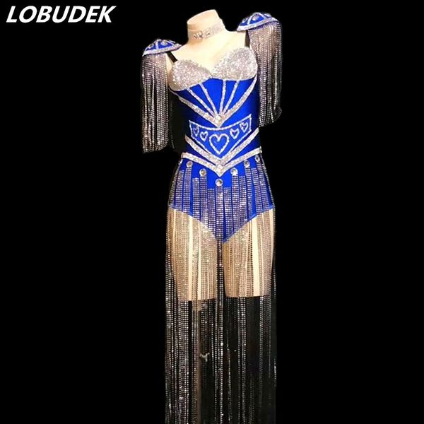 

blue red white black sparkly rhinestones epaulet tassel bodysuit fashion women singer dj dance costume nightclub dancer jumpsuit, Black;white