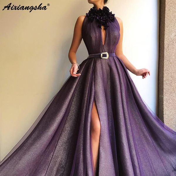 

purple muslim evening dresses 2019 high neck a-line tulle slit islamic dubai saudi arabic long evening gown with belt prom dress, White;black